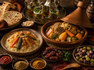 Cuisine d’Afrique du Nord avec couscous, tajine, harissa, pain traditionnel, dattes, olives et thé à la menthe.