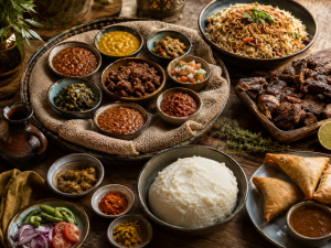 Cuisine d’Afrique de l’Est avec injera, wats éthiopiens, pilau, samoussas, nyama choma, ugali et épices.