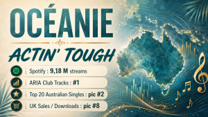 Visuel Océanie Actin Tough chanson sortie en 2026 avec chiffres Spotify, ARIA Club Tracks et UK Downloads
