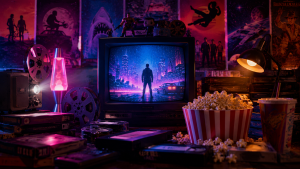 Télévision cathodique avec ambiance cinéma rétro, VHS, bobines de film, popcorn et affiches inspirées des années 80 et 90.