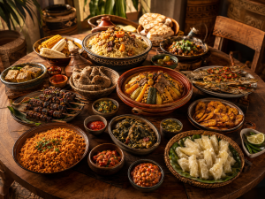 Grande table africaine avec plats traditionnels, riz, sauces, manioc, tajine, grillades et spécialités régionales.