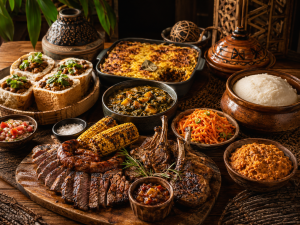 Cuisine du sud de l’Afrique avec braai, viandes grillées, maïs, bobotie, bunny chow, sadza et poulet piri-piri.