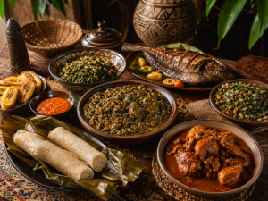 Cuisine d’Afrique centrale avec chikwangue, saka-saka, ndolé, poisson fumé, poulet en sauce, plantain et feuilles de manioc.