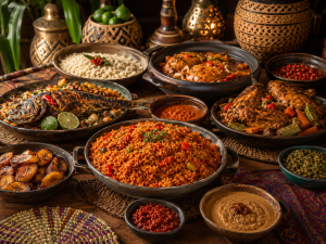 Cuisine d’Afrique de l’Ouest avec riz jollof, thiéboudienne, attiéké, poisson braisé, plantain et sauces épicées.