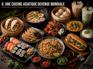 Cuisine asiatique contemporaine devenue mondiale avec ramen, sushi, bao, gyozas, bubble tea, pad thaï, curry et bánh mì.