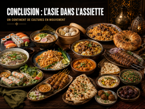 Grande table asiatique avec spécialités d’Asie de l’Est, d’Asie du Sud-Est, d’Asie du Sud, d’Asie centrale et d’Asie occidentale.