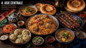 Cuisine d’Asie centrale avec plov ouzbek, manty, shashliks, pain traditionnel, riz, viande grillée et soupes.