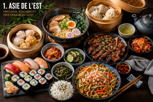 Cuisine d’Asie de l’Est avec sushi, ramen, dim sum, barbecue coréen, kimchi, nouilles et sauces traditionnelles.