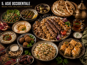 Cuisine d’Asie occidentale avec mezzés, houmous, falafels, kebabs, pain plat, taboulé, riz parfumé, dattes et pâtisseries.