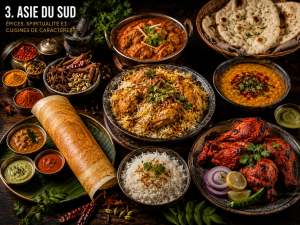 Cuisine d’Asie du Sud avec curry indien, biryani, naan, dal, tandoori, dosa, chutneys, riz et épices.
