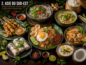 Cuisine d’Asie du Sud-Est avec pho, pad thaï, curry, satay, nasi goreng, rouleaux de printemps, herbes fraîches et piments.