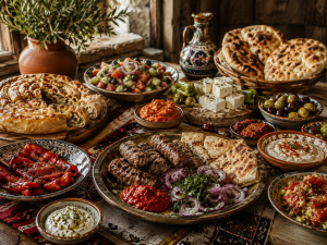Cuisine des Balkans avec grillades, pains plats, légumes, fromages et spécialités européennes du Sud-Est.
