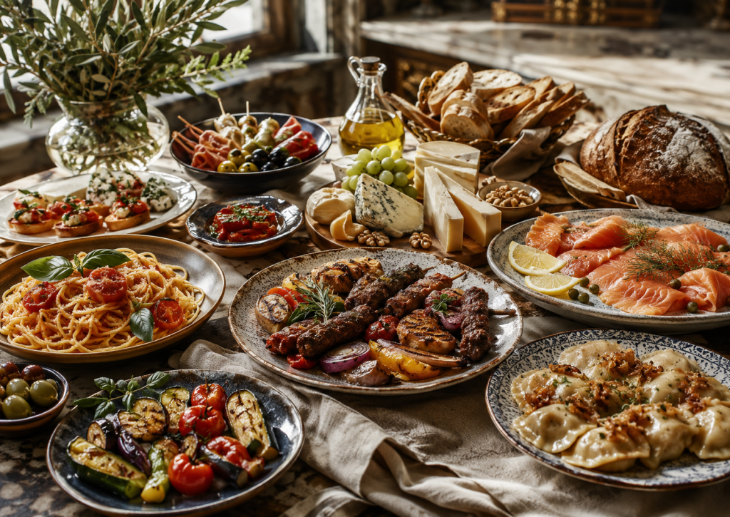 Cuisine européenne premium avec spécialités méditerranéennes, nordiques, françaises, balkaniques et d’Europe centrale.