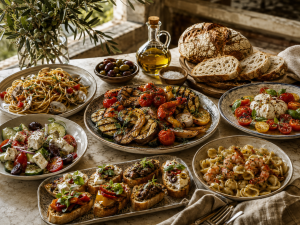 Table méditerranéenne représentant la cuisine européenne du Sud avec huile d’olive, légumes et produits de la mer.