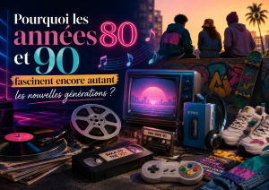 Culture pop des années 80 et 90 avec vinyle, cassette VHS, sneakers vintage et ambiance rétro.