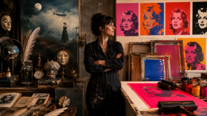 Artiste femme entre univers surréaliste et pop art dans un atelier illustrant les femmes oubliées du Surréalisme et du Pop Art