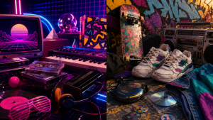 Esthétique des années 80 et 90 avec néons, cassettes audio, clavier rétro, sneakers, skateboard, boombox et graffiti.
