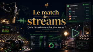Ambiance studio radio et plateformes de streaming pour illustrer le classement des chansons 2026 les plus streamées