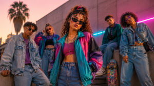 Groupe de jeunes en mode vintage années 80 et 90 avec denim, vestes colorées, lunettes rétro et sneakers.