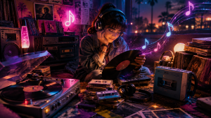 Jeune personne écoutant un vinyle entourée de cassettes, platine, casque audio et lumières néon rétro.