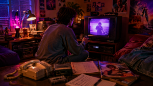 Chambre rétro avec téléphone fixe, cassettes, magazines, télévision cathodique et ambiance années 80 et 90.