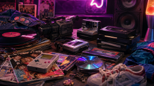 Objets cultes des années 80 et 90 avec vinyles, VHS, cassettes, CD, console portable, caméscope et appareil photo instantané.