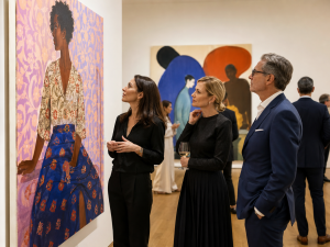 Visiteurs dans une galerie observant des œuvres d’artistes femmes illustrant la redécouverte tardive des femmes dans le marché de l’art