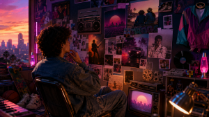 Jeune personne observant un mur de références culturelles années 80 et 90 avec posters, vinyle, télévision rétro et veste vintage.