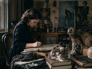 Artiste femme dans un atelier surréaliste entourée d’objets symboliques illustrant les femmes du Surréalisme