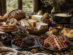 Table de terroirs européens avec fromages, pain, fondue suisse, chocolat belge et gaufres.