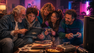 Famille de plusieurs générations partageant des vinyles, des photos et un jeu vidéo rétro dans un salon chaleureux.