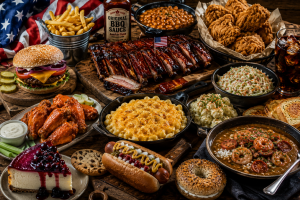 Cuisine américaine avec burger, barbecue, soul food, fried chicken, gumbo, pancakes, bagel, pizza et spécialités régionales.