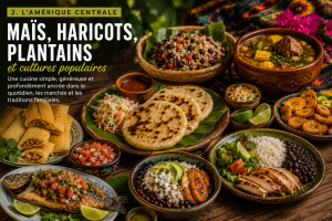 Cuisine d’Amérique centrale avec pupusas, tamales, gallo pinto, bananes plantains, riz, haricots, poisson grillé et fruits tropicaux.