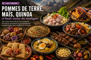 Cuisine andine avec ceviche péruvien, quinoa, pommes de terre colorées, maïs, lomo saltado, anticuchos, tamales et sauces.
