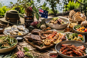 Cuisine australienne avec barbecue, fruits de mer grillés, salades, produits natifs, herbes locales, pain et spécialités multiculturelles.