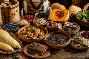 Cuisine autochtone nord-américaine avec maïs, haricots, courges, riz sauvage, baies, poisson fumé et produits locaux.