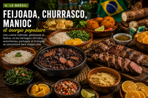 Cuisine brésilienne avec feijoada, churrasco, farofa, riz, haricots noirs, pão de queijo, acarajé, manioc et fruits tropicaux.