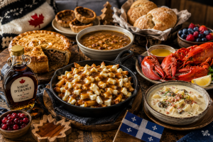 Cuisine canadienne avec poutine, sirop d’érable, tourtière, homard, baies et spécialités du Québec et des côtes atlantiques.