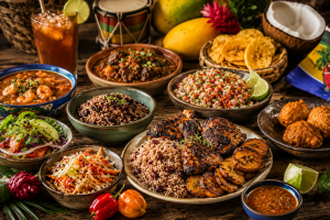 Cuisine caribéenne avec jerk chicken, riz aux haricots, griot, plantains frits, poisson grillé, pikliz et fruits tropicaux.