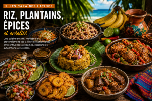 Cuisine des Caraïbes latines avec mofongo, riz aux haricots, plantains frits, porc rôti, poisson grillé, sauces, épices et fruits tropicaux.