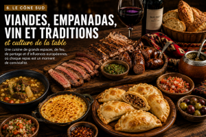 Cuisine du Cône Sud avec asado argentin, empanadas, chimichurri, vin rouge, pastel de choclo, viandes grillées, pains et manioc.