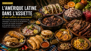 Grande table latino-américaine avec tacos, ceviche, feijoada, empanadas, plantains, riz aux haricots, viandes grillées, maïs, fruits tropicaux et sauces.
