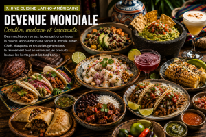 Cuisine latino-américaine contemporaine devenue mondiale avec ceviche, tacos, empanadas, guacamole, maïs, cocktails, chocolat, quinoa et plats fusion.