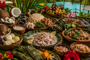 Cuisine mélanésienne avec taro, igname, patate douce, manioc, poisson au lait de coco, kokoda, laplap, bougna et fruits tropicaux.