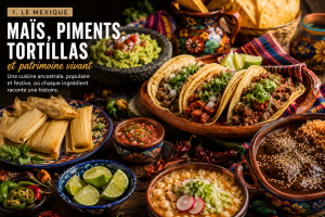 Cuisine mexicaine avec tacos, tortillas de maïs, tamales, guacamole, mole, haricots, salsa, piments et citron vert.