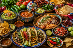 Cuisine mexicaine avec tacos, tortillas de maïs, guacamole, mole, piments, haricots, salsa et citron vert.