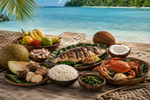 Cuisine micronésienne avec poissons grillés, fruits de mer, noix de coco, taro, fruit de l’arbre à pain, riz, bananes, algues et crabes.