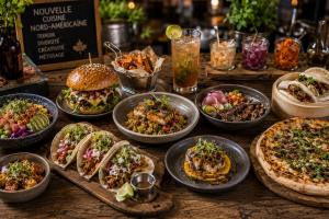 Cuisine nord-américaine contemporaine avec tacos fusion, burgers revisités, poke bowls, bao buns, pizza artisanale et plats multiculturels.