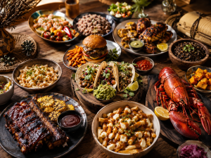 Grande table nord-américaine avec barbecue, tacos, poutine, homard, burger, maïs, plats caribéens, riz sauvage et spécialités régionales.