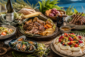 Cuisine néo-zélandaise avec hāngī maori, agneau, kumara, moules vertes, poissons, miel de mānuka, légumes racines et pavlova.